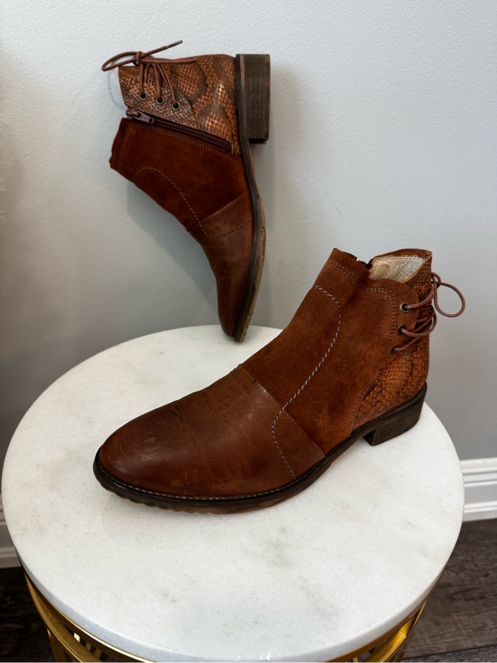 Women's Brown Suede & Leather Ankle Booties - Zip & Lace Detail Sz 40